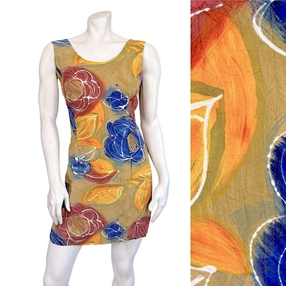 VINTAGE 90’s Jams World Tan Orange & Blue “Harvest” Floral Rayon Mini Tank Dress